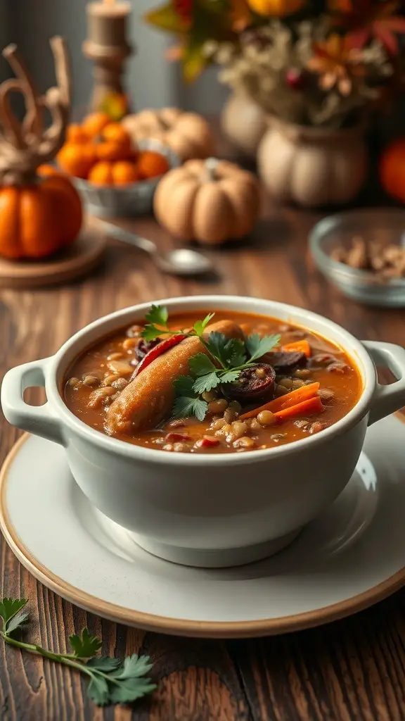 A bowl of spicy sausage and lentil soup surrounded by fall decorations.