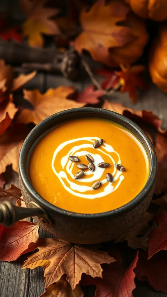 A bowl of creamy butternut squash soup topped with cream and pumpkin seeds, surrounded by autumn leaves.