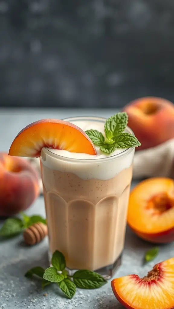 A refreshing Peachy Keen Smoothie with a slice of peach and mint garnish, surrounded by fresh peaches.