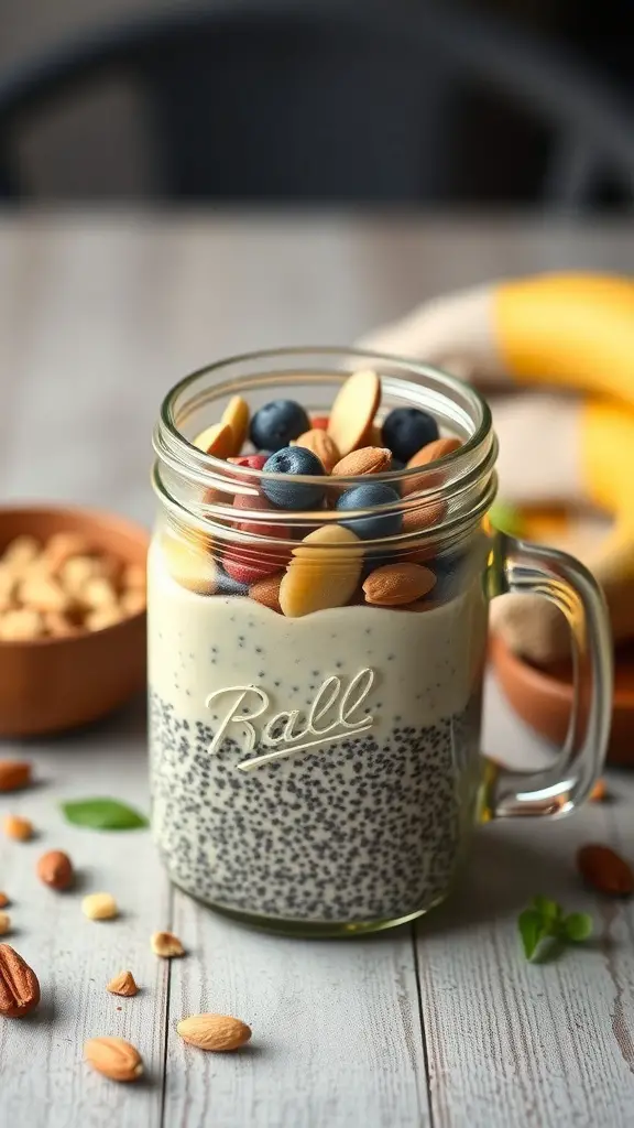 A jar of chia seed pudding with almond milk, topped with blueberries and almonds, on a wooden table.