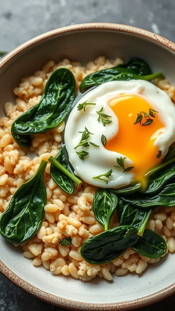 A bowl of savory oatmeal topped with spinach and a poached egg