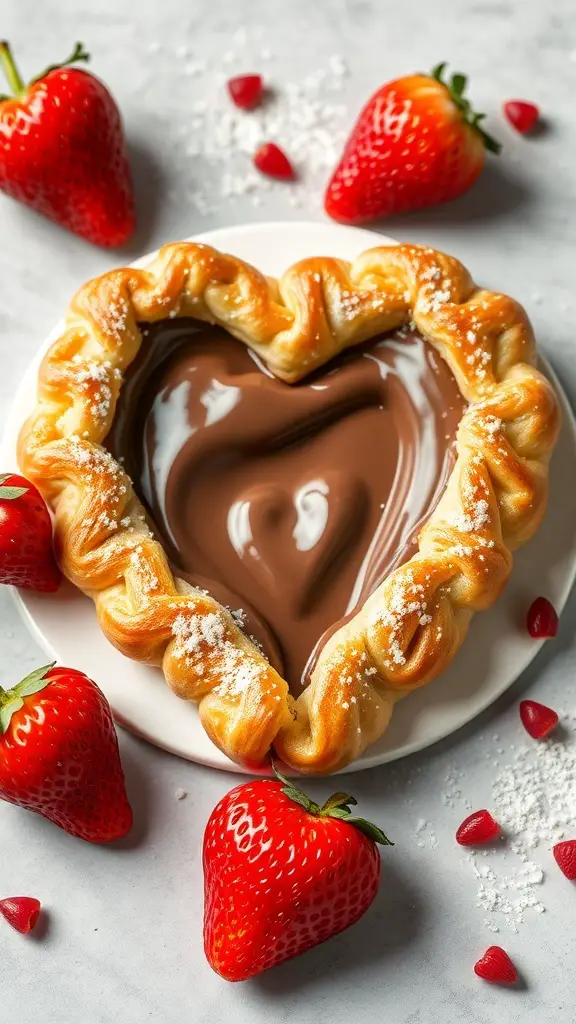A heart-shaped puff pastry filled with Nutella, surrounded by fresh strawberries.