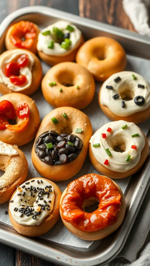 A tray of mini bagels topped with various spreads and garnishes.