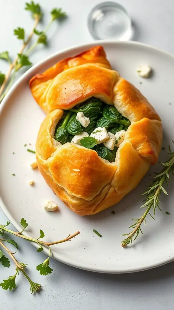 Savory spinach and feta puff pastry on a plate with herbs