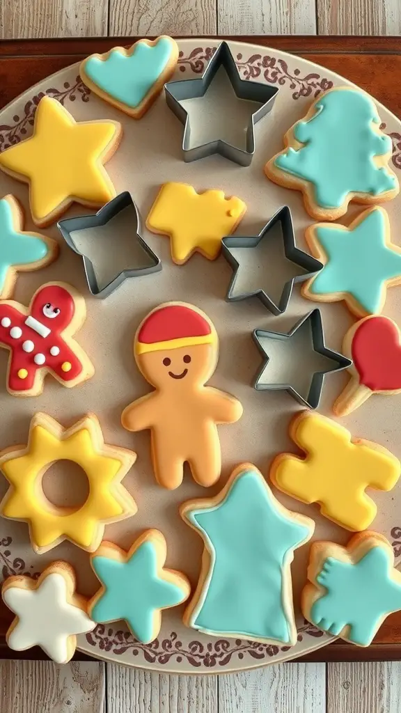 A variety of colorful cookies shaped like stars, trees, and gingerbread figures, with cookie cutters in the background.