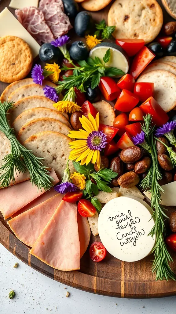 A vibrant vegan charcuterie board featuring fresh herbs and edible flowers, showcasing a variety of colorful ingredients.