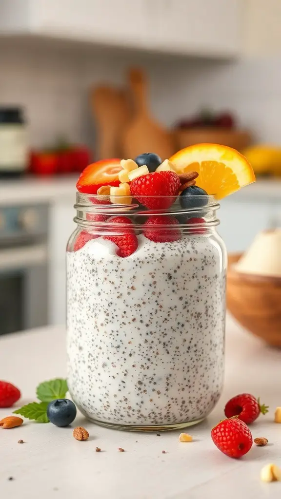 A jar of coconut chia pudding topped with fresh fruits and nuts