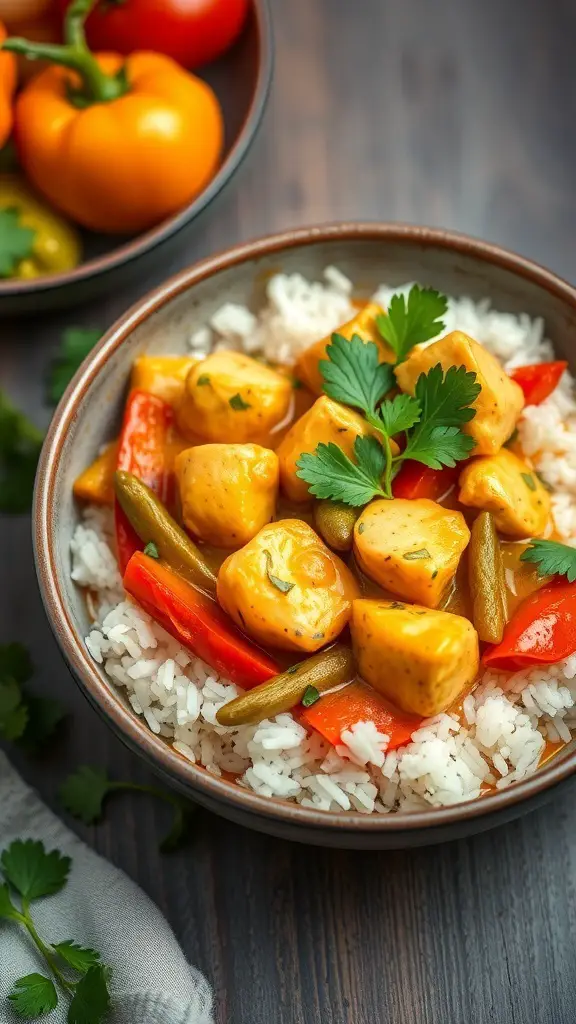 A bowl of Coconut Curry Chicken with rice and colorful vegetables