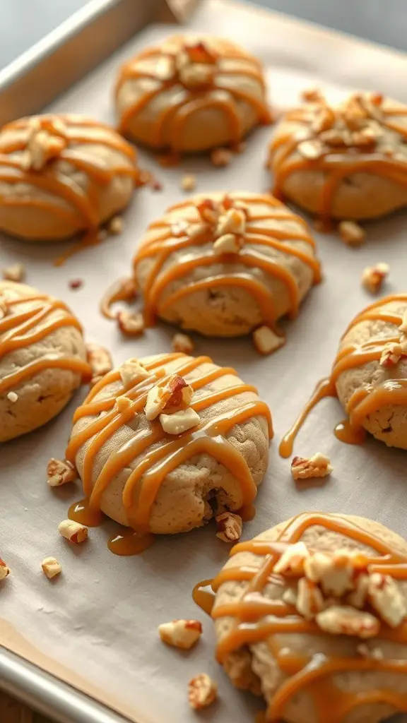 Freshly baked caramel apple cookies drizzled with caramel and topped with nuts.