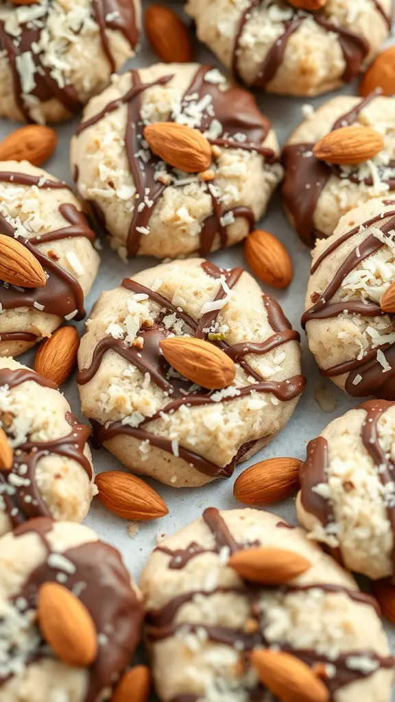 Almond Joy Cookies topped with coconut and chocolate, featuring whole almonds.