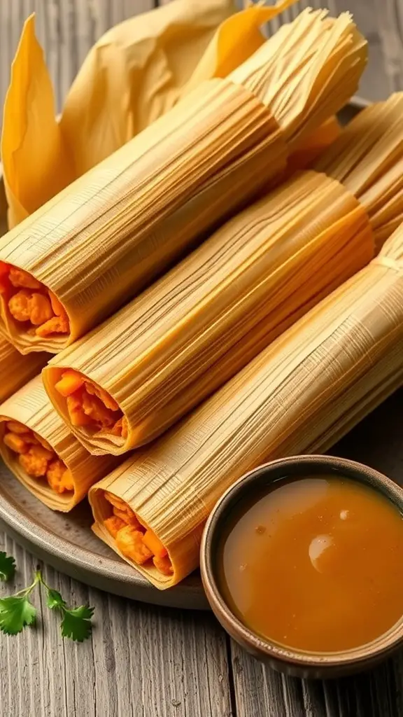 Plate of sweet potato tamales wrapped in corn husks with a bowl of sauce