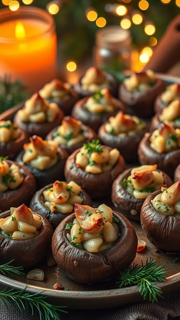 A platter of stuffed mushrooms filled with garlic and herbs, surrounded by festive decorations and soft candlelight.