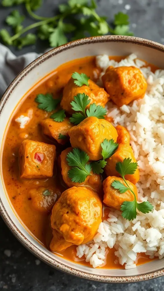 A bowl of coconut curry chicken with rice, garnished with fresh cilantro.