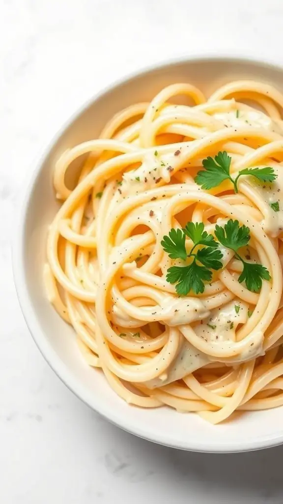 A bowl of classic fettuccine alfredo pasta topped with parsley