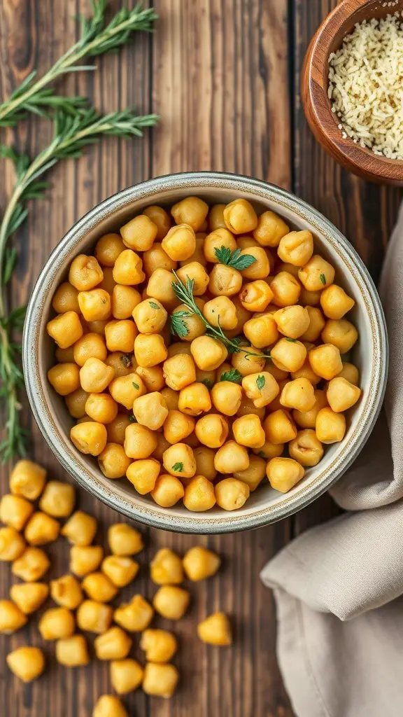 A bowl of roasted chickpeas with garlic and Parmesan, garnished with herbs.