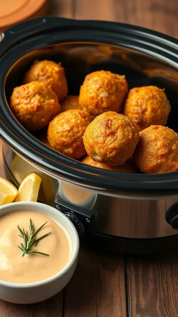 Crockpot filled with golden sausage and cheese balls, accompanied by a bowl of creamy sauce and lemon wedges.