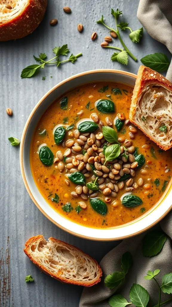 A bowl of lentil soup with spinach, topped with pine nuts and fresh herbs, alongside a slice of bread.