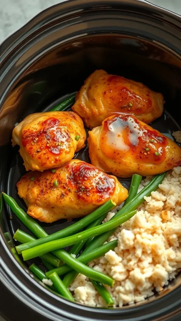 Crockpot honey garlic chicken thighs with green beans and rice