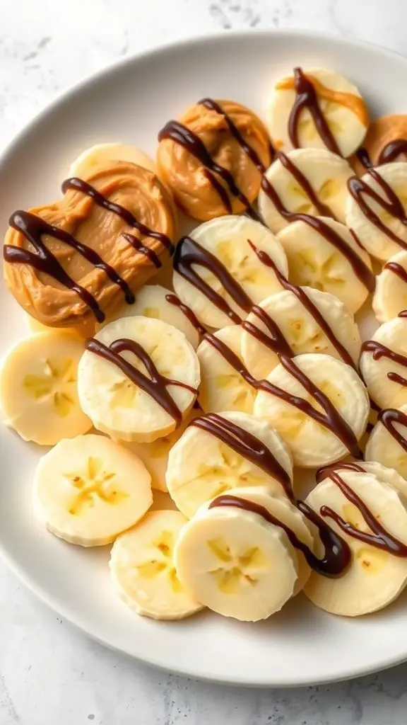 A plate of peanut butter banana bites with chocolate drizzle