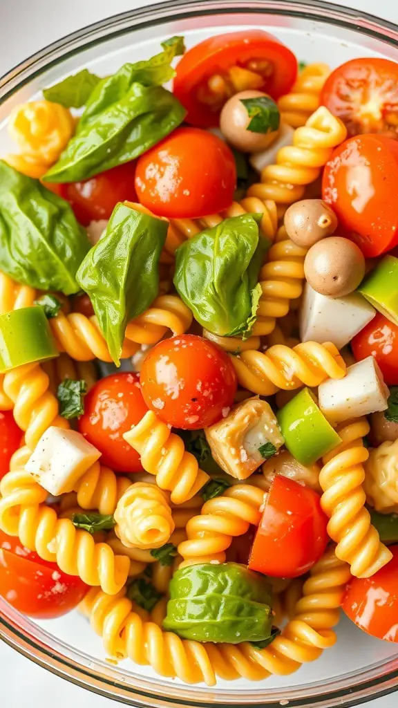 A vibrant pasta salad with fresh vegetables, including cherry tomatoes, green peppers, and basil, tossed in Italian dressing.