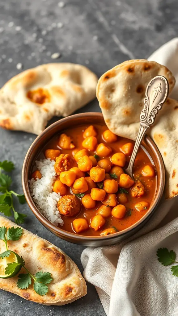 A bowl of chickpea curry with coconut milk, served with rice and naan bread, garnished with cilantro.