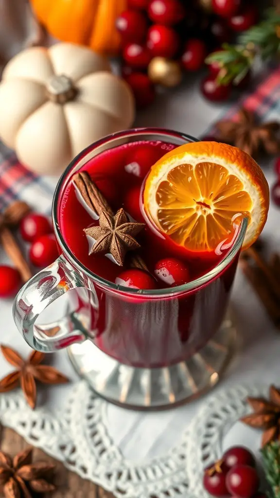 A festive glass of mulled cranberry punch garnished with an orange slice and star anise, surrounded by cranberries and spices.