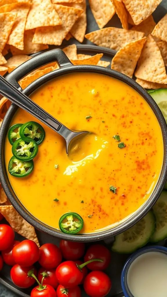 A bowl of spicy jalapeño cheese fondue with tortilla chips and fresh vegetables.