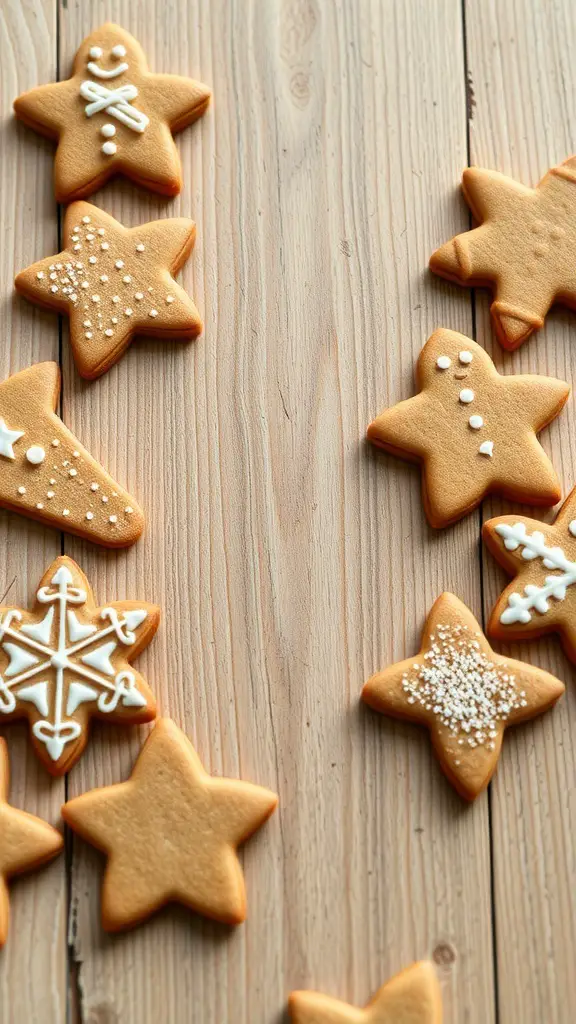 A variety of gingerbread cookies shaped like stars and decorated with icing on a wooden surface.