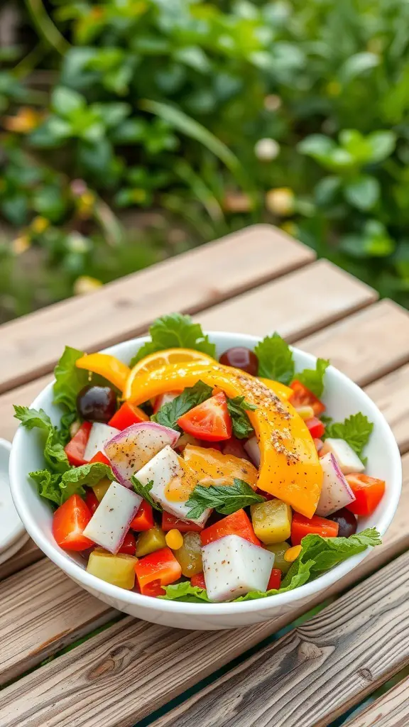 A colorful salad with various vegetables and a unique dressing.