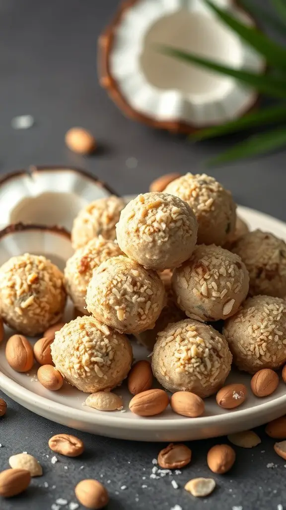 A plate of coconut macadamia protein balls surrounded by almonds and coconut shells.