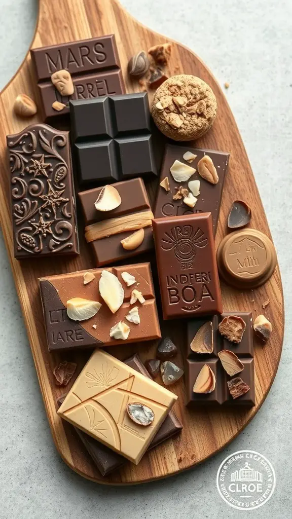 A beautifully arranged charcuterie board featuring artisan chocolate bars, nuts, dried fruits, and cookies.
