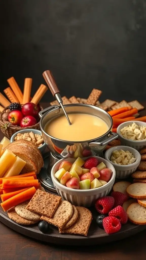 A beautifully arranged fondue dinner party spread with melted cheese, fresh fruits, vegetables, and crackers.