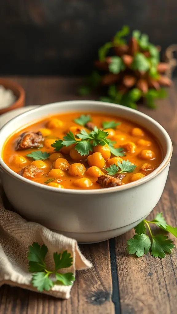A bowl of chickpea curry in coconut milk garnished with cilantro on a wooden table.