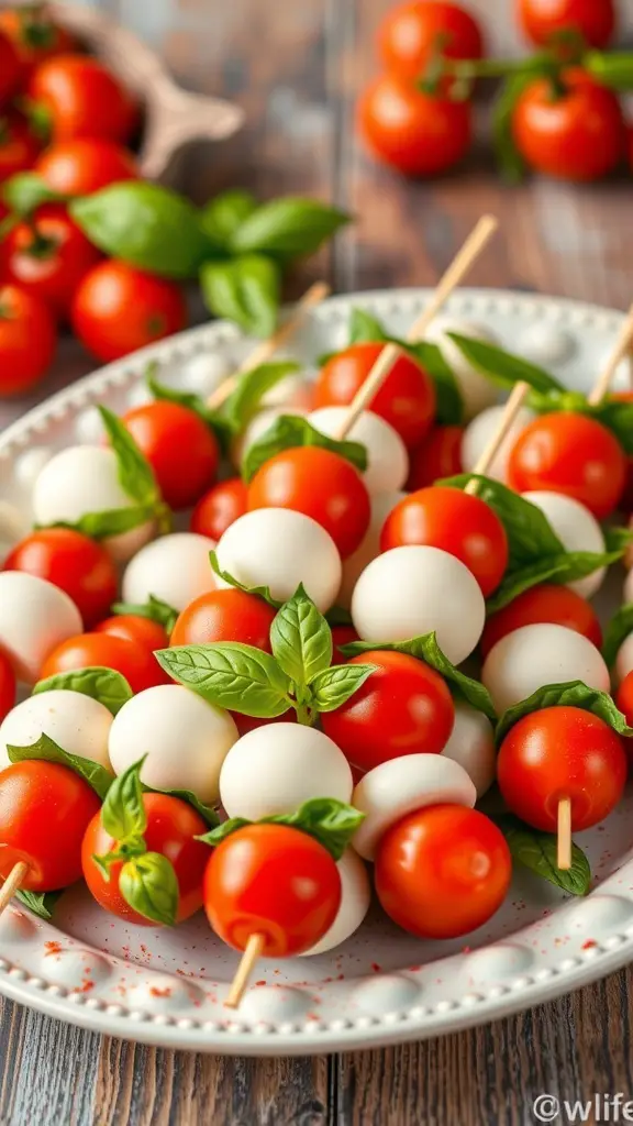 A platter of mini Caprese skewers with cherry tomatoes, mozzarella balls, and basil leaves.