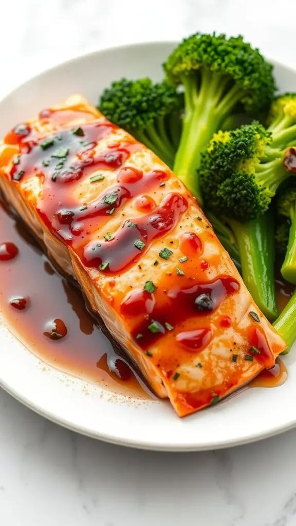 A plate of honey soy glazed salmon with broccoli