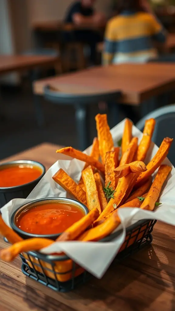 A basket of sweet potato fries with a spicy dip on the side.