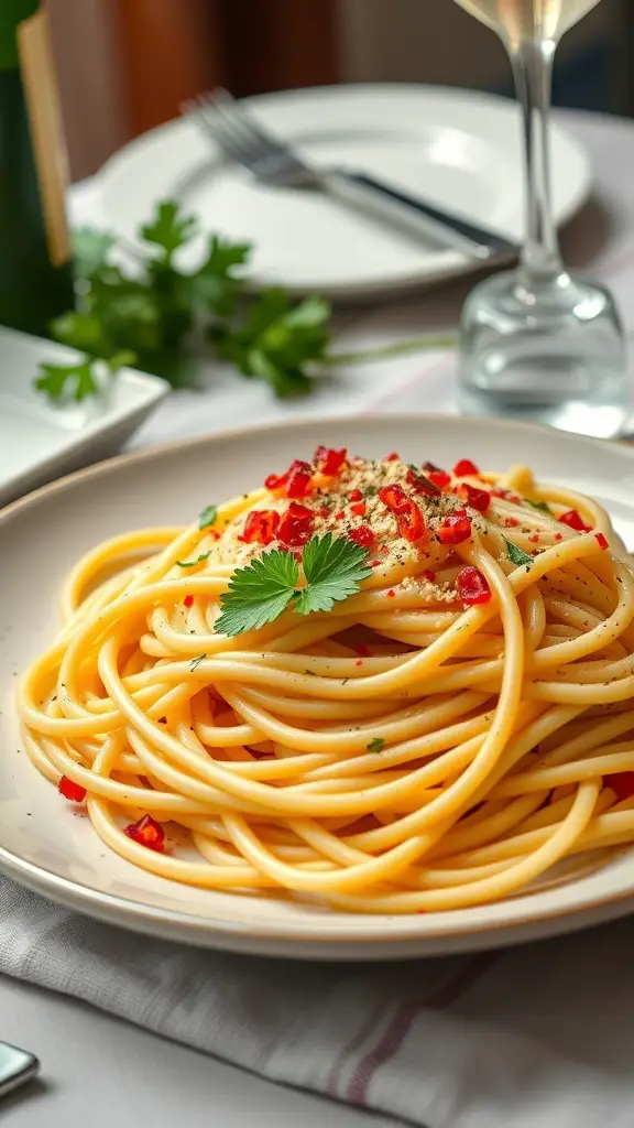 A plate of spaghetti aglio e olio garnished with red pepper flakes and parsley.