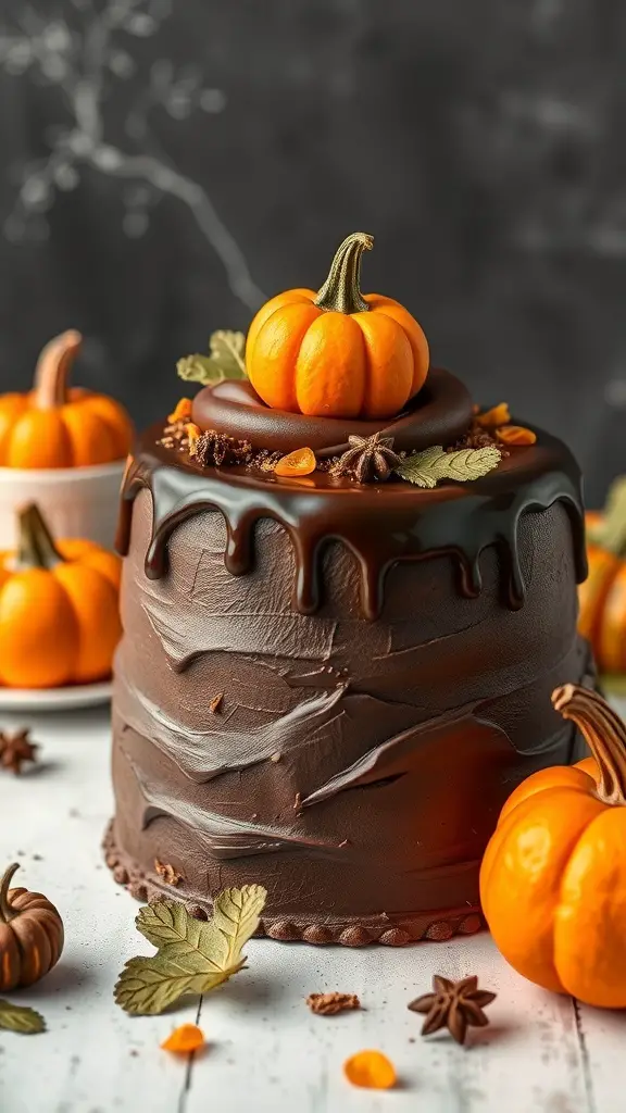 A chocolate pumpkin cake with a mini pumpkin on top, surrounded by smaller pumpkins and autumn leaves.