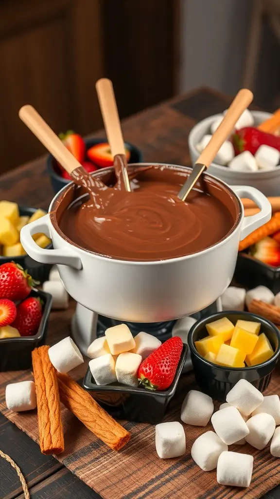 A chocolate fondue pot surrounded by fresh fruits, marshmallows, and cookies for dipping.