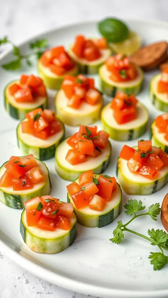 A plate of cucumber canapés topped with tomato salsa, garnished with cilantro.