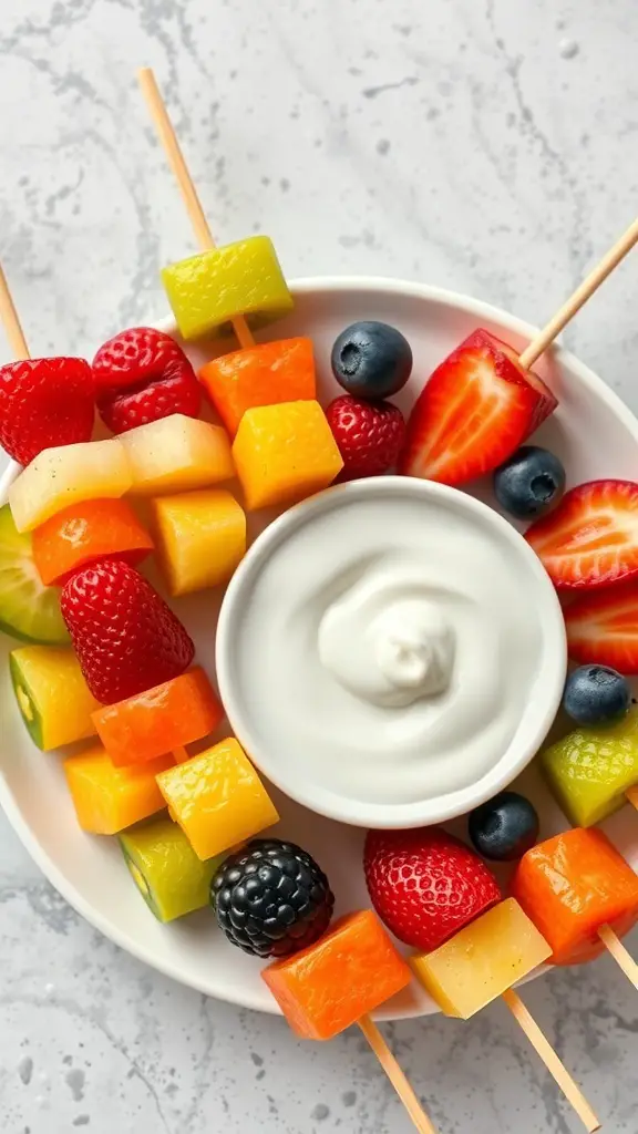 Colorful fruit skewers with a bowl of yogurt dip