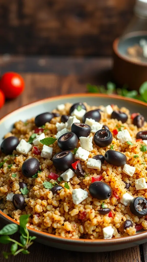 A bowl of Mediterranean Quinoa Casserole with olives and feta cheese