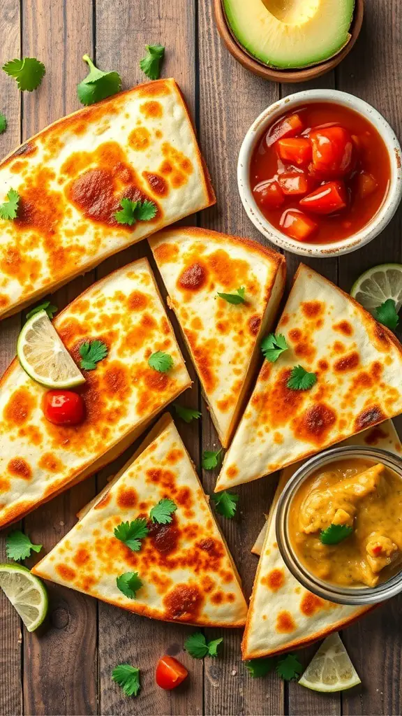 Crispy air fryer veggie quesadillas served with salsa and avocado.