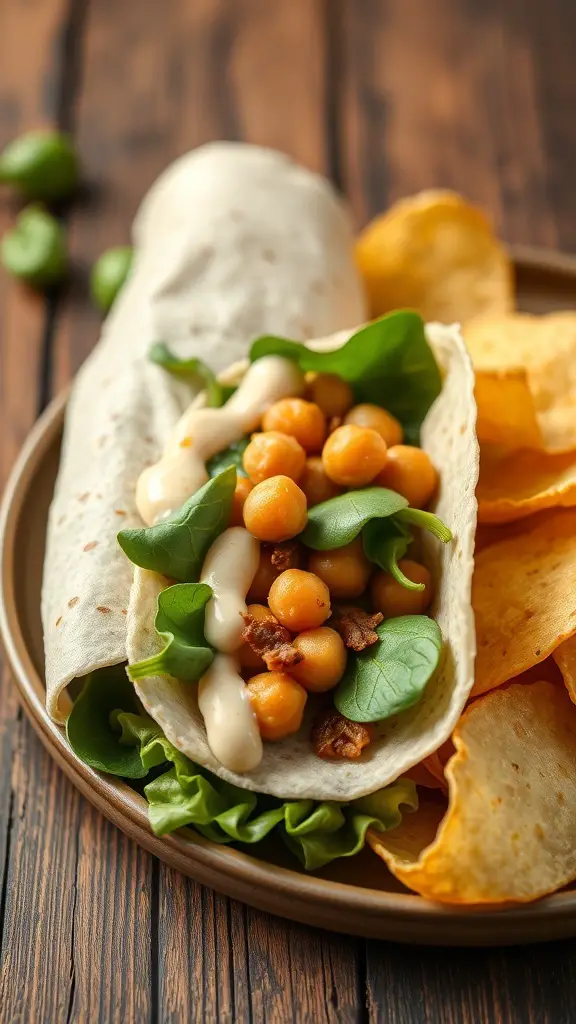 A crispy chickpea and spinach wrap served on a plate with chips on the side.