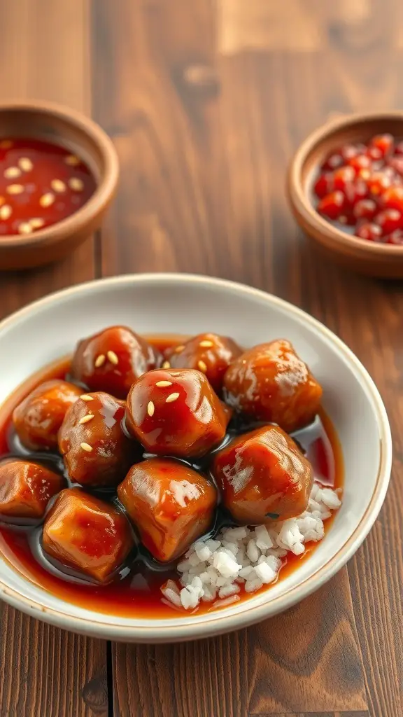A plate of sweet and sour meatballs served with rice and dipping sauces