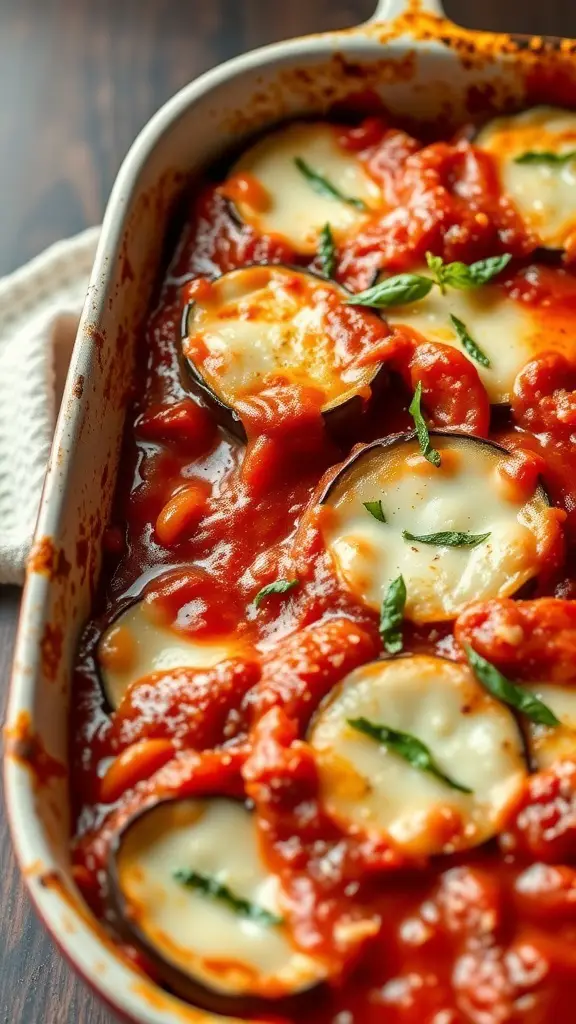 A casserole dish filled with eggplant parmesan bake, featuring layers of eggplant, tomato sauce, and melted cheese, garnished with fresh basil.