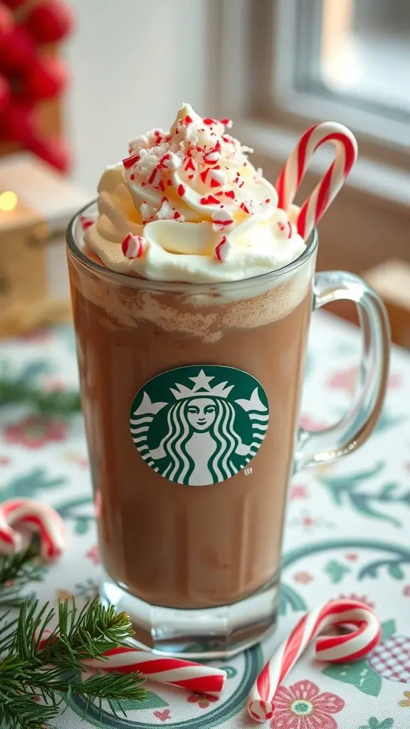 A festive Peppermint Mocha Delight topped with whipped cream and crushed peppermint, served in a glass mug.