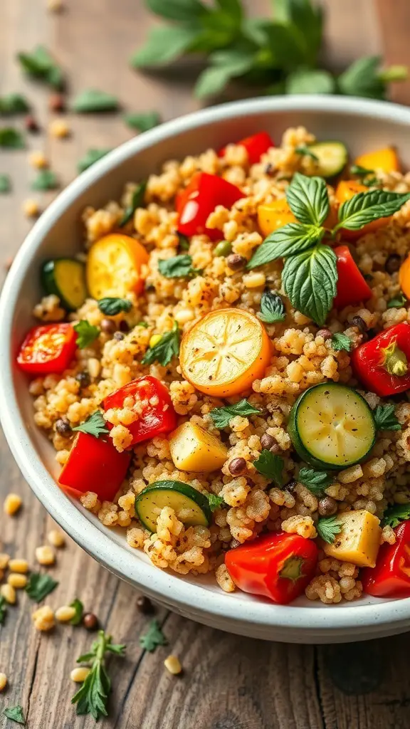 A bowl of quinoa salad with roasted vegetables, including bell peppers, zucchini, and cherry tomatoes, garnished with fresh herbs.