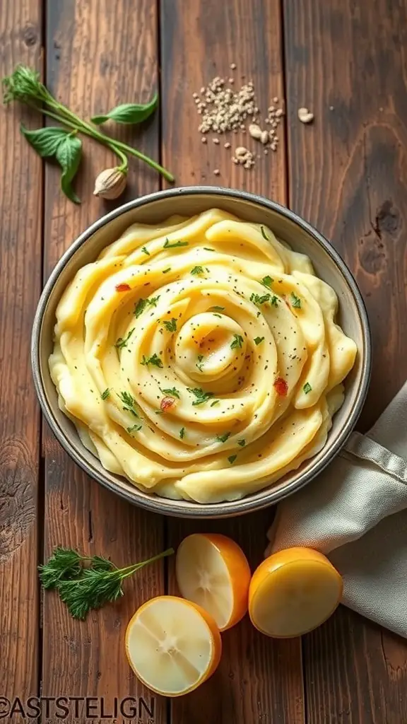 A bowl of creamy garlic mashed potatoes garnished with herbs, on a wooden table.