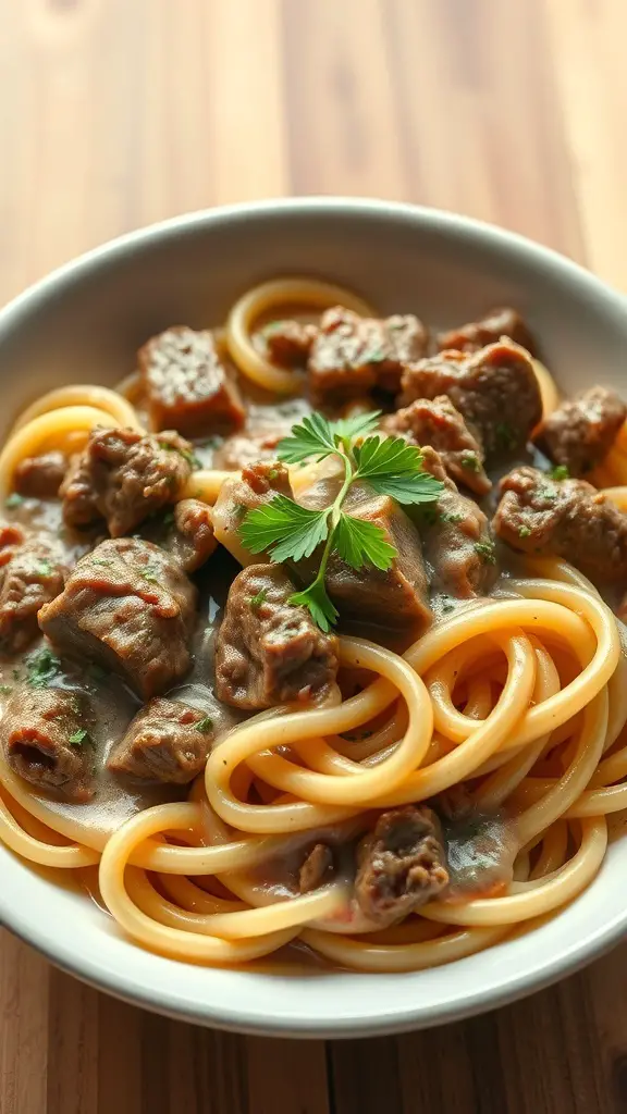 A bowl of Classic Beef Stroganoff with noodles and beef chunks